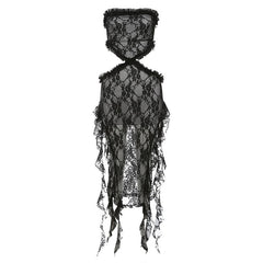 Lace Ruffle Solid Slit Hollow Out Backless Tube Cut Out Midi Dress
