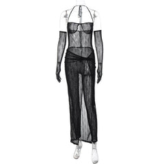 Sheer Mesh Solid Halter Self Tie Gloves Backless Jumpsuit Skirt Set