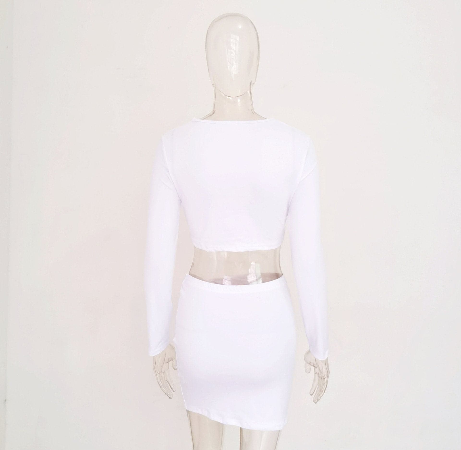 Asymmetrical Knotted Hollow Out Solid Long Sleeve Skirt Set