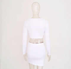 Asymmetrical Knotted Hollow Out Solid Long Sleeve Skirt Set