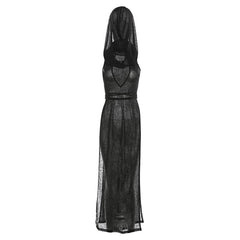 BXOXO Sleeveless Hoodie Low Cut Slit Self Tie Turtle Neck See Through Maxi Dress