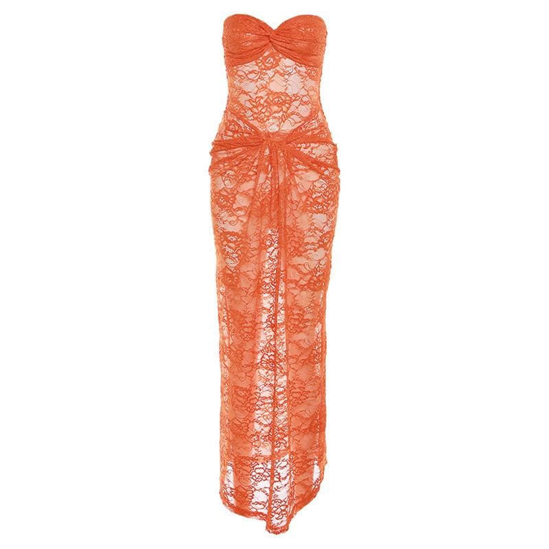 Backless Lace See Through Ruched Knotted Solid Maxi Dress