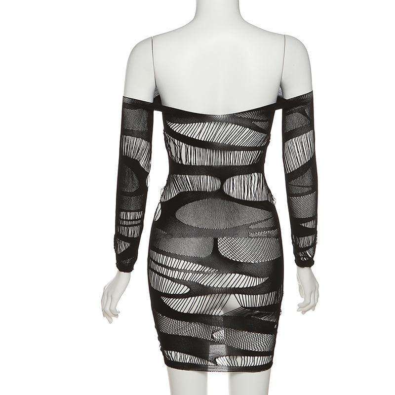 Off Shoulder Fishnet See Through Long Sleeve Backless Mini Dress