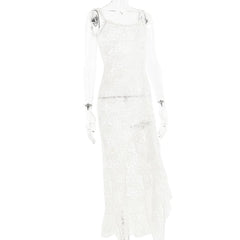 Lace See Through Self Tie Solid Backless Slit Maxi Dress