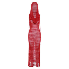 Crochet Solid Hoodie Sleeveless See Through Maxi Dress