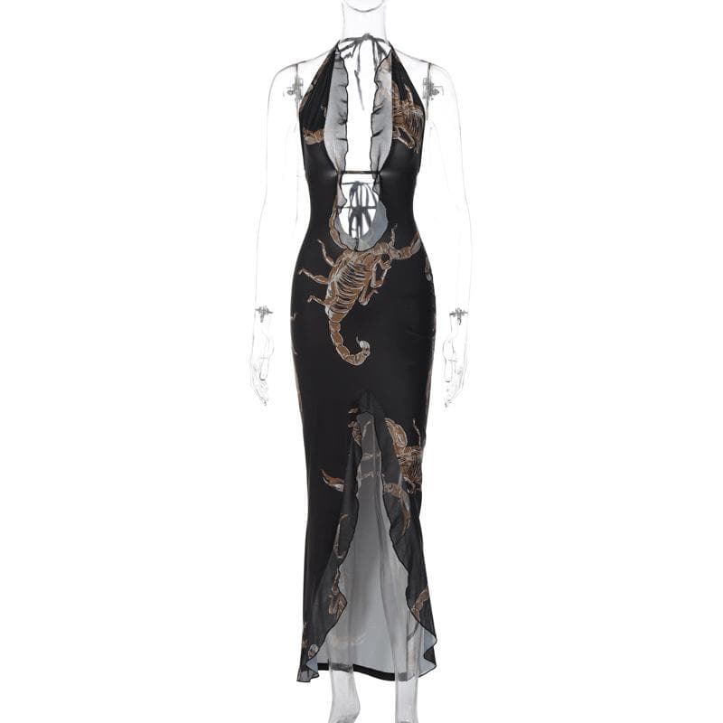 BXOXO Halter Self Tie Backless Slit Ruffle Scorpion Print Contrast Maxi Dress