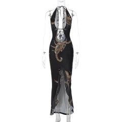 BXOXO Halter Self Tie Backless Slit Ruffle Scorpion Print Contrast Maxi Dress