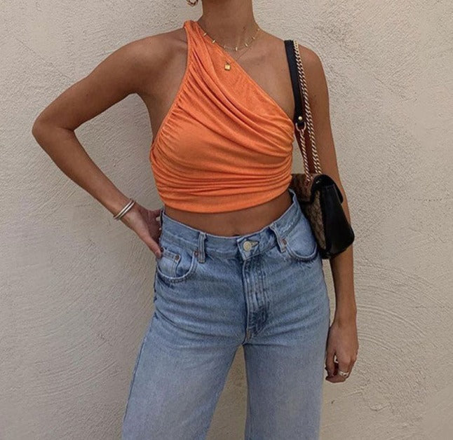 Ruched Trim One Shoulder Cropped Tank Top - Orange