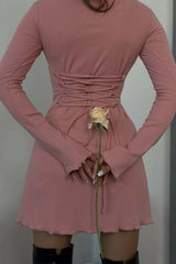 BXOXO - Solid Color Tie-Back Knitted Mini Dress