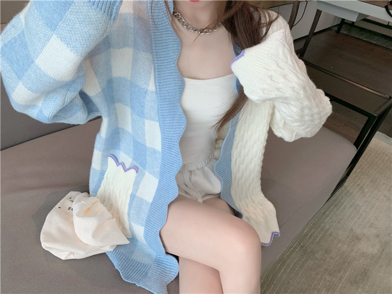 BXOXO - Patchwork Plaid Knitted Cardigan