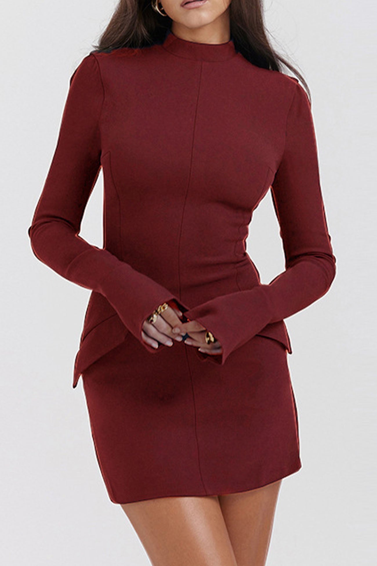 BXOXO - Solid Color Mock Neck Bell Sleeve Dress