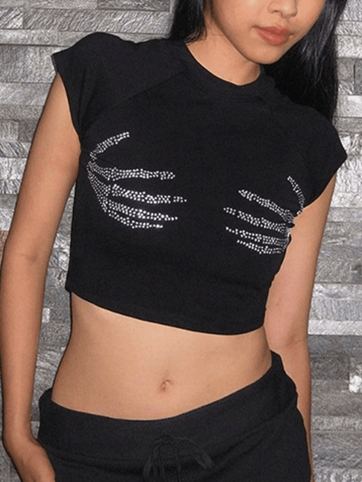 Rhinestone Skull Black Crop Top