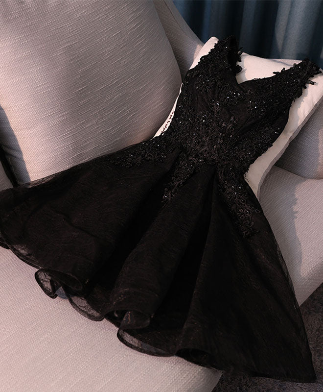 BXOXO Black V Neck Lace Short Prom Dress, Black Cute Homecoming Dresses