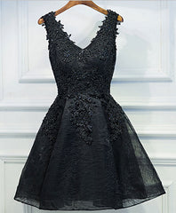 BXOXO Black V Neck Lace Short Prom Dress, Black Cute Homecoming Dresses