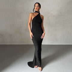 Solid Color One Shoulder Ruched Evening Maxi Dress - Black