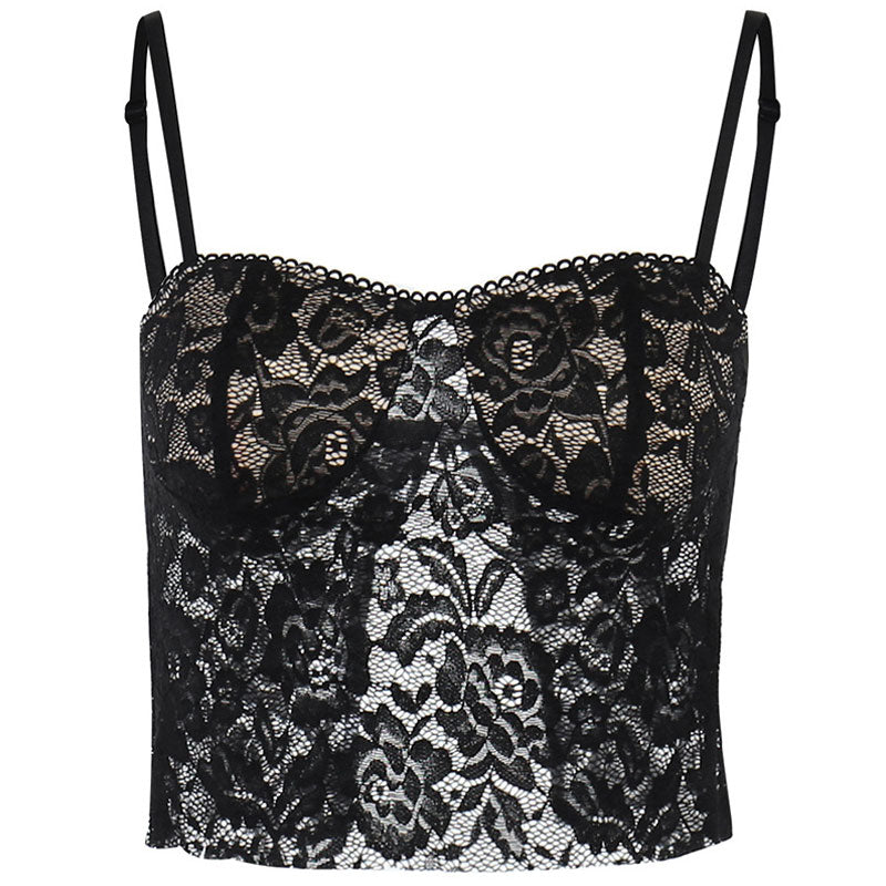 Spaghetti Strap Floral Printed Sheer Lace Crop Tank Top - Black