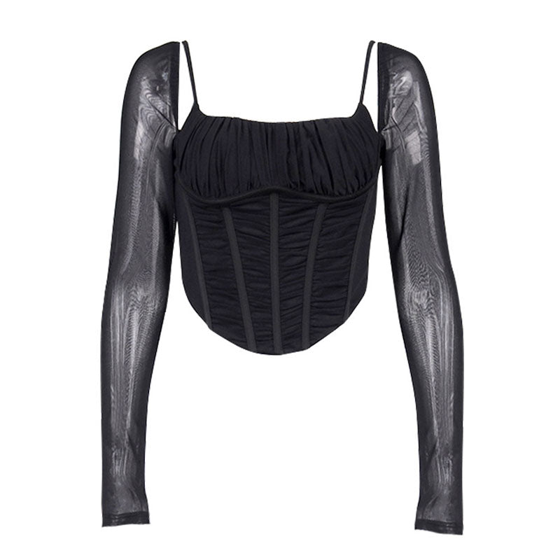 Square Neck Mesh Long Sleeve Ruched Cropped Corset Top - Black