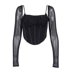 Square Neck Mesh Long Sleeve Ruched Cropped Corset Top - Black