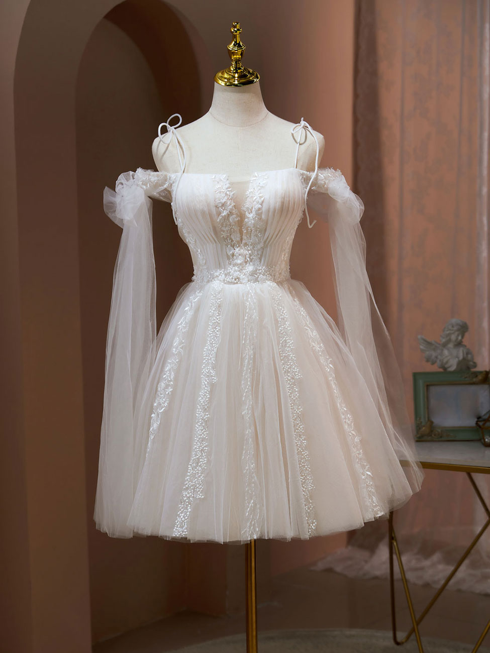 BXOXO A Line Tulle Short Champagne Prom Dresses, Off Shoulder Lace Puffy Homecoming Dresses
