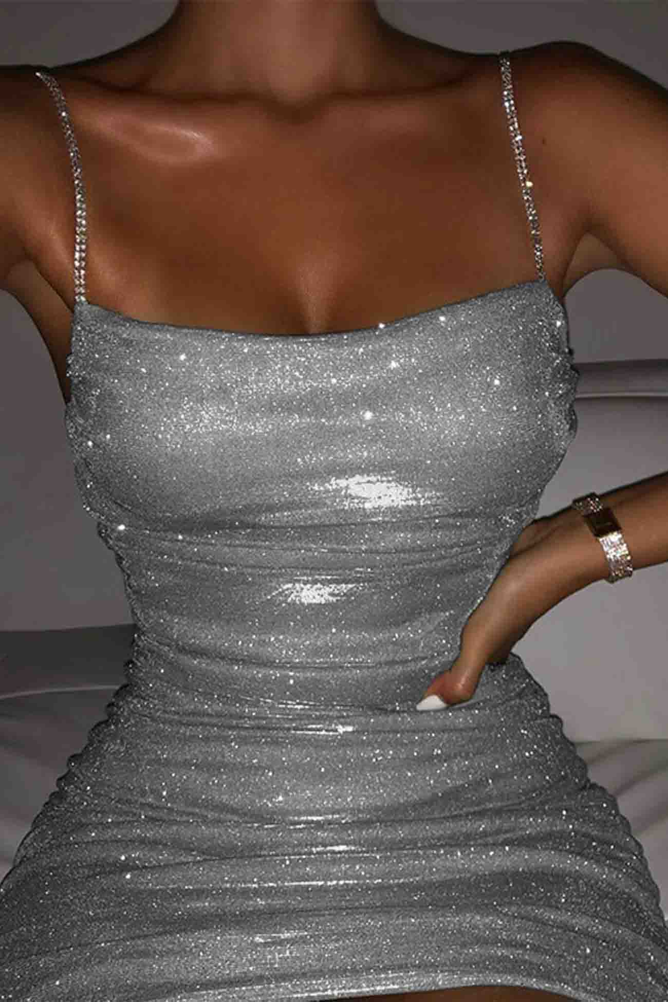 BXOXO - Rhinestone Ruched Chain Cami Dress