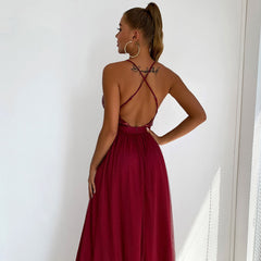 Sparkly Sequin Panel Mesh Deep V Evening Maxi Dress - Burgundy