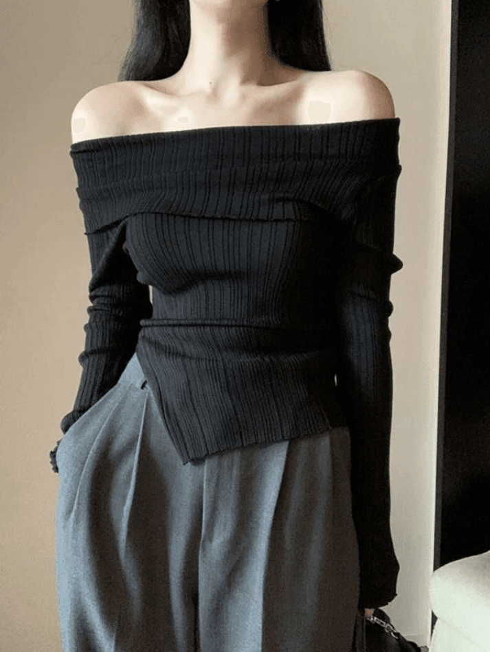 Split Off Shoulder Ribbed Knit Top