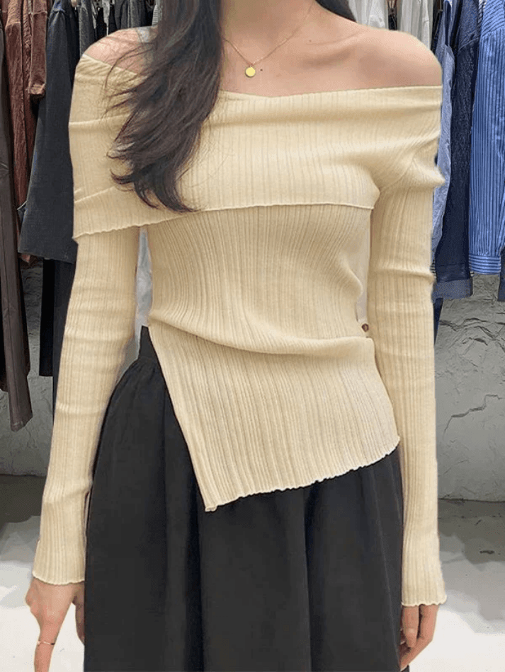 Split Off Shoulder Ribbed Knit Top