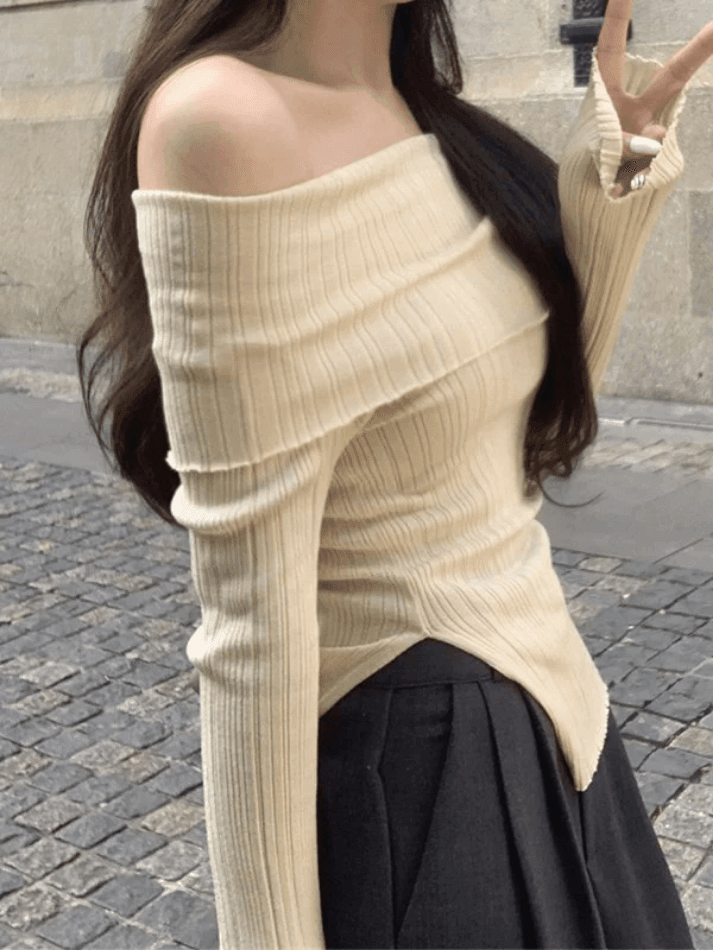 Split Off Shoulder Ribbed Knit Top