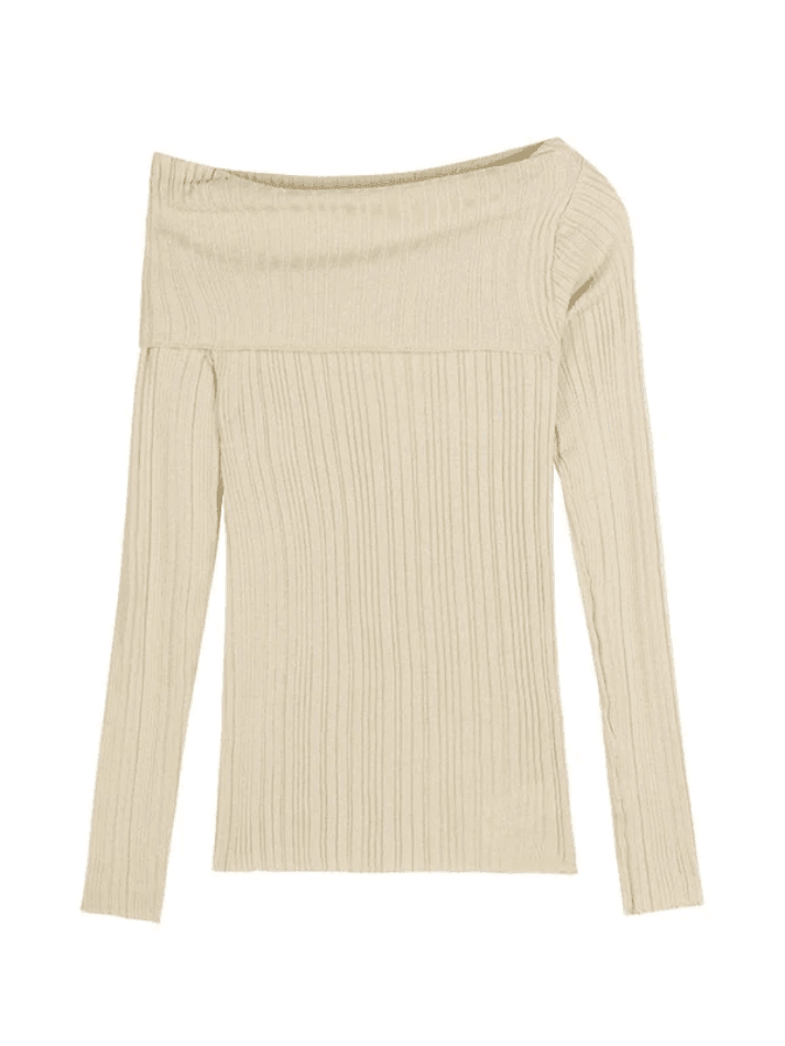 Split Off Shoulder Ribbed Knit Top