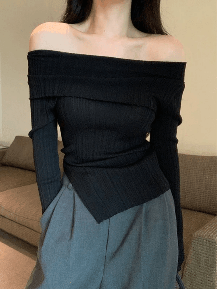 Split Off Shoulder Ribbed Knit Top