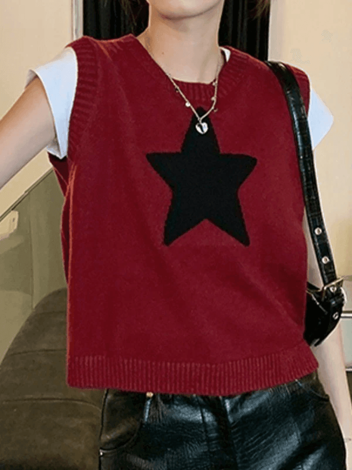 Star Jacquard Crew Neck Cropped Sweater Vest