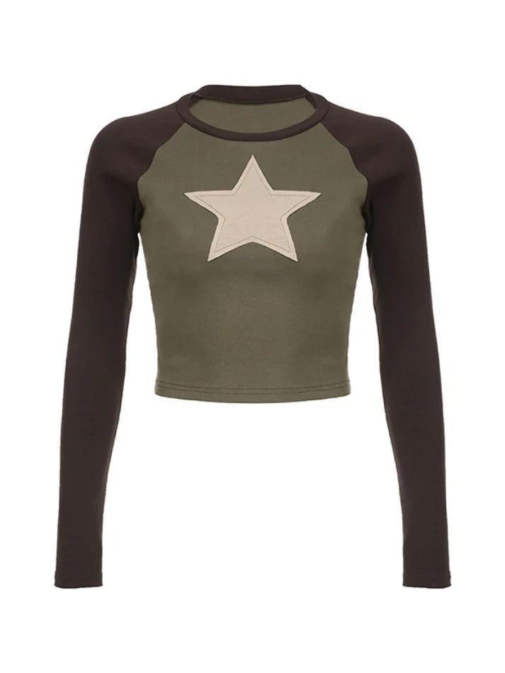 Star Patch Raglan Contrast Color Long Sleeve Tee