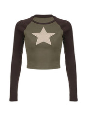 Star Patch Raglan Contrast Color Long Sleeve Tee