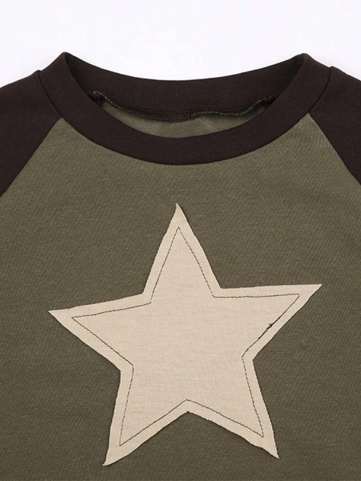 Star Patch Raglan Contrast Color Long Sleeve Tee