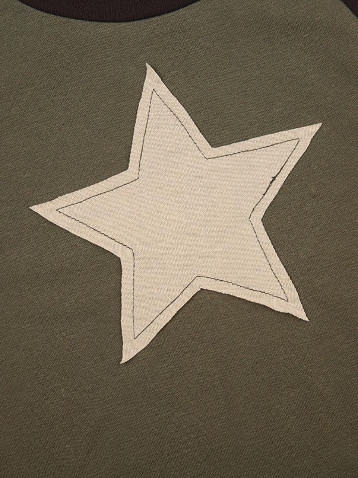 Star Patch Raglan Contrast Color Long Sleeve Tee