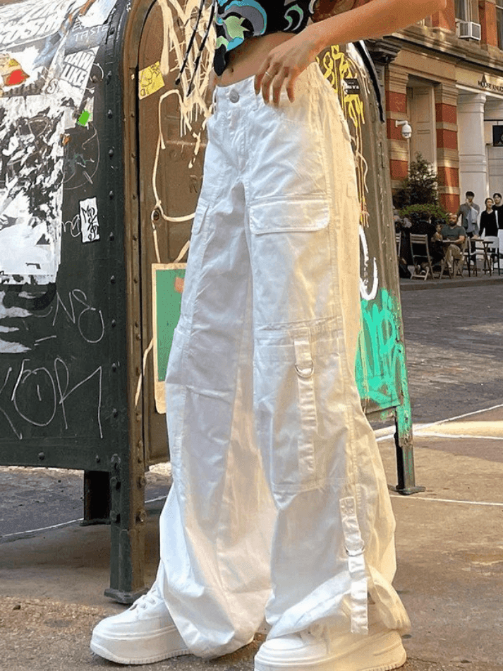 Straight Leg White Parachute Cargo Pants