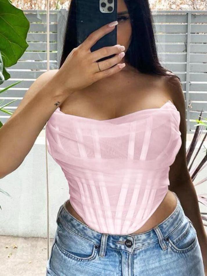 Strapless Boned Mesh Bustier Corset Crop Top