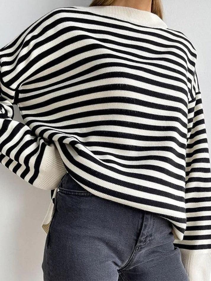 Stripe Drop Shoulder Slit Loose Sweater