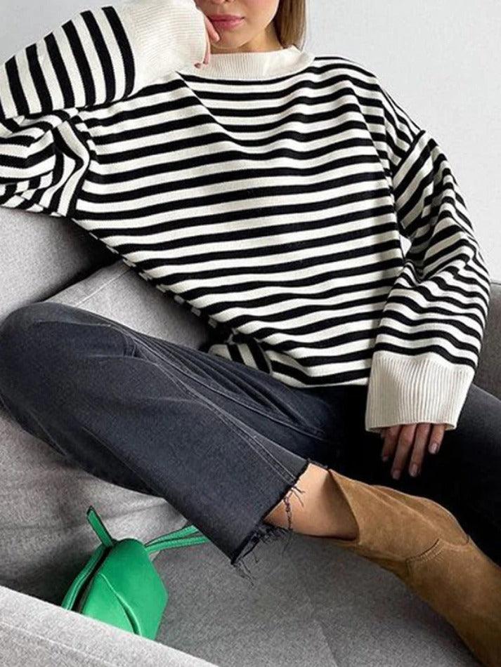 Stripe Drop Shoulder Slit Loose Sweater