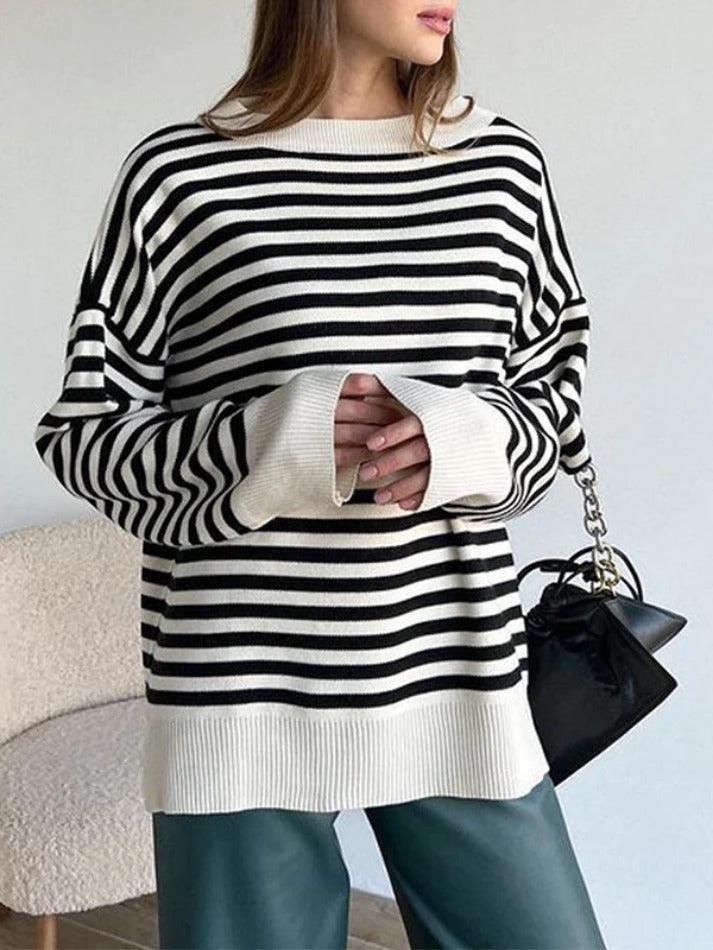 Stripe Drop Shoulder Slit Loose Sweater