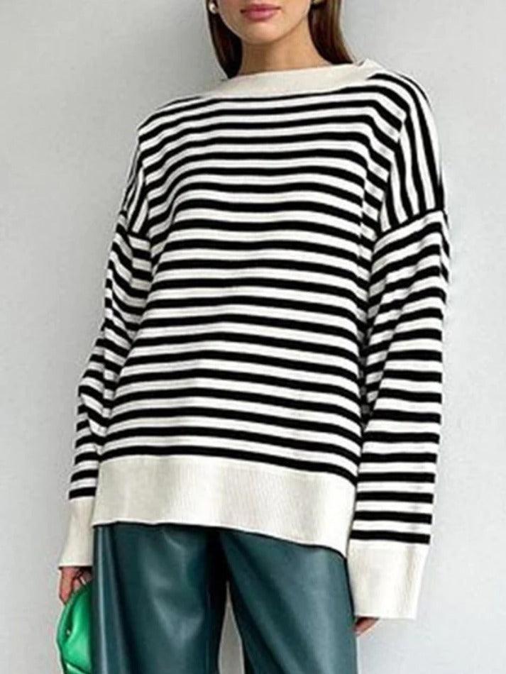 Stripe Drop Shoulder Slit Loose Sweater