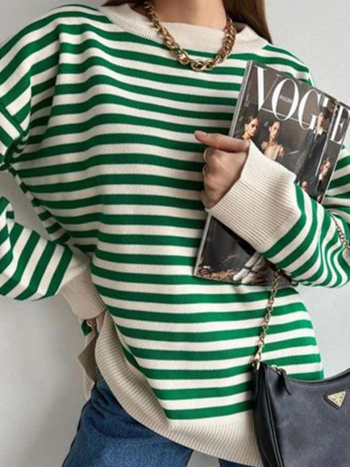 Stripe Drop Shoulder Slit Loose Sweater