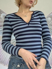 Striped V Neck Long Sleeve Tee