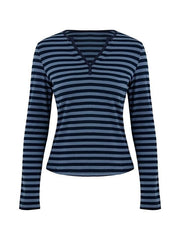 Striped V Neck Long Sleeve Tee