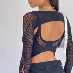 Stylish Knitted Ladder Cut Out Long Sleeve Layered Shrug Crop Top - Black