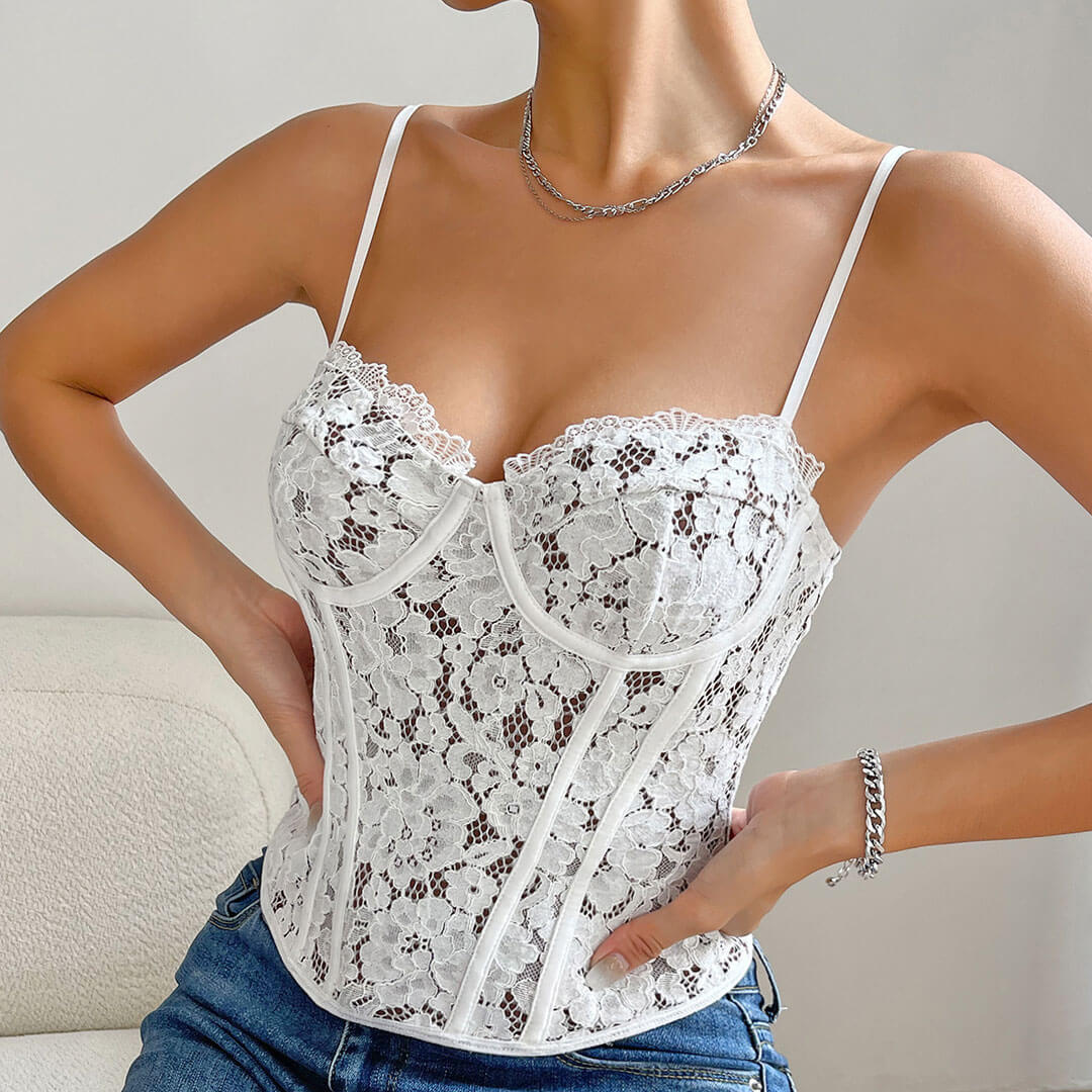 Sweet Underwire Sweetheart Sleeveless Sheer Lace Corset Top - White