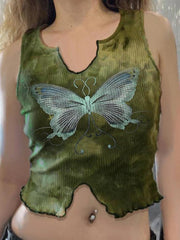 Tie Dye Butterfly Print Fungus Slit Tank Top