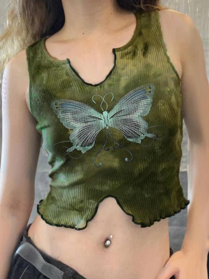 Tie Dye Butterfly Print Fungus Slit Tank Top