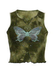 Tie Dye Butterfly Print Fungus Slit Tank Top