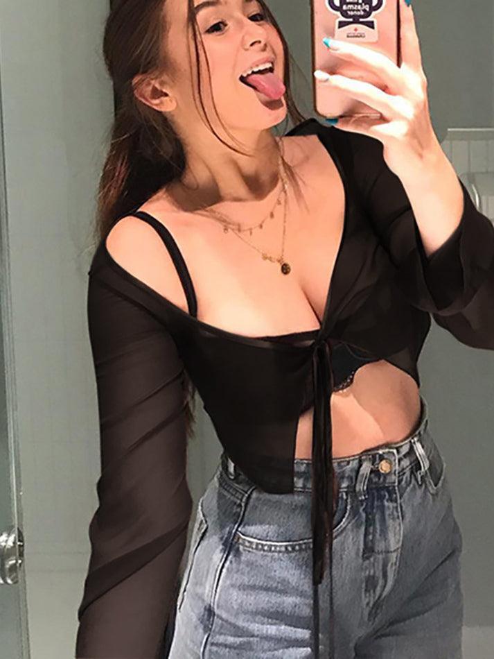 Tie Front Cropped Mesh Long Sleeve Blouse